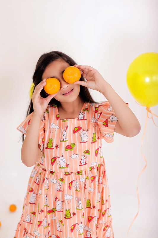 Rabbit and Turtle peach cotton frocks  for girls | cotton dress for kids | cotton dress for girls