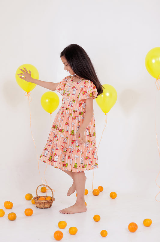Rabbit and Turtle peach cotton frocks  for girls | cotton dress for kids | cotton dress for girls