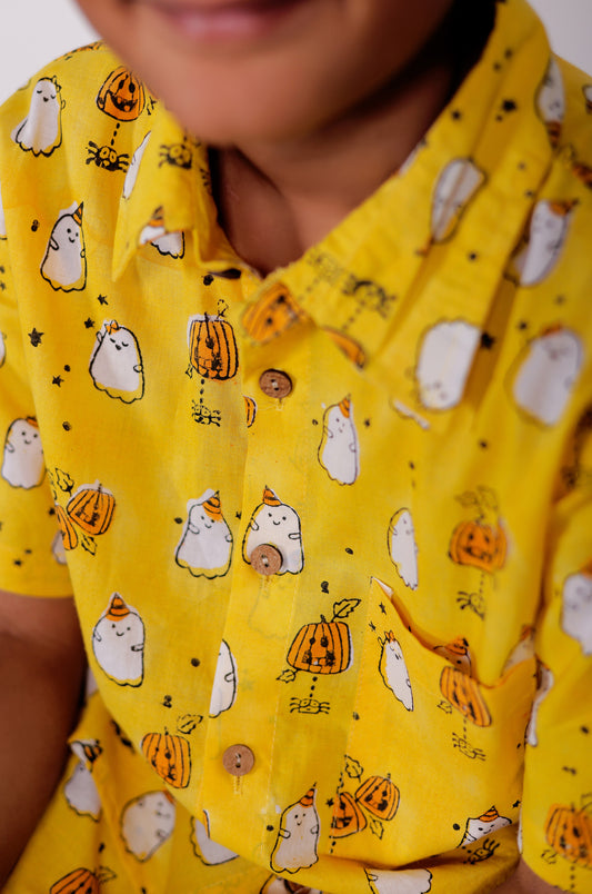 Ghost Print Yellow Cotton Co-ord Sets for Boys | kids shirts and short sets for boys