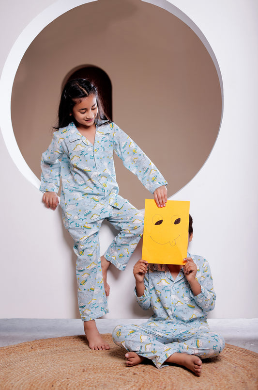 Playful Fish Print Blue  cotton Nightsuit Sets for kids  | Twins Matching Sleepwear for kids