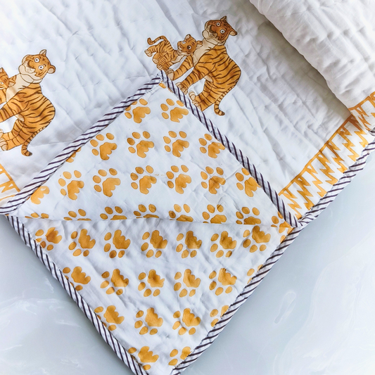 Tiger Hand block printed cotton Baby Quilt  | cotton sleeping baby blanket | soft cotton quilts Jaipur razai  | size 40"X60"