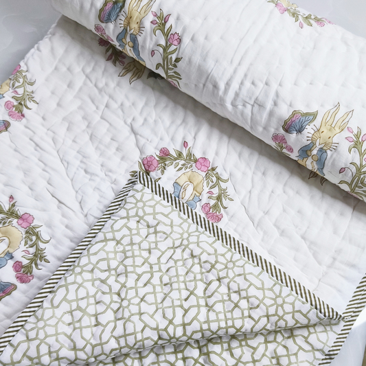 Rabbit Hand block printed cotton Baby Quilt | baby blanket for kids |  cotton sleeping quilt for kids