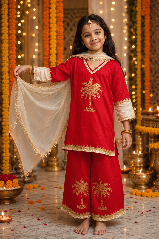 Noor Nazara Red Kurta Pallazo Set for Girls