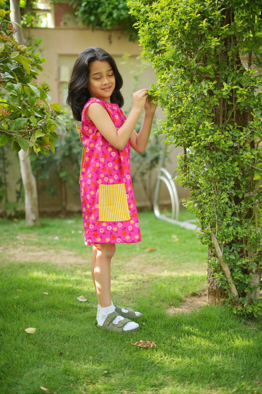 Pink floral yellow striped pocket frock