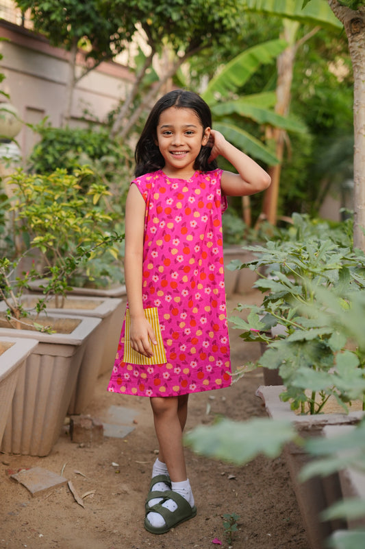Pink floral yellow striped pocket frock