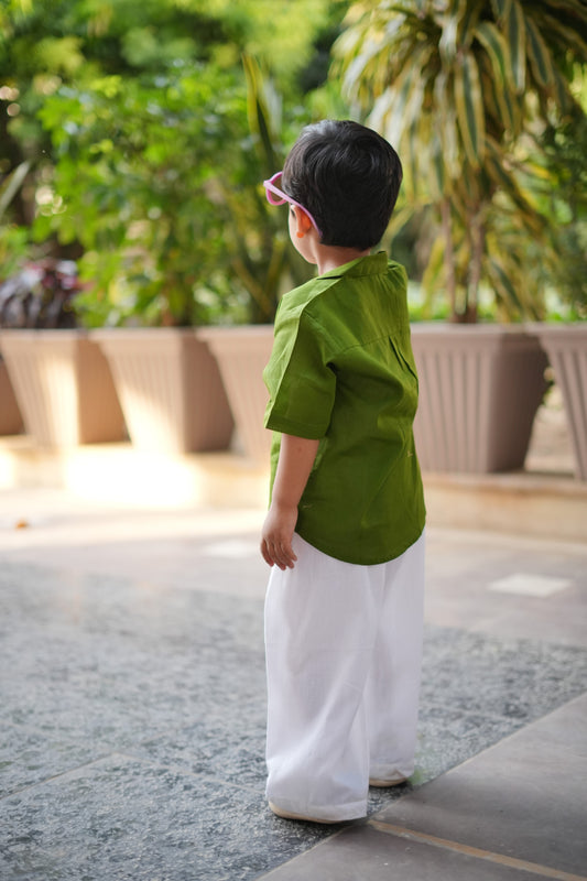 Emerald Breeze Cotton Shirt With White Trouser Set