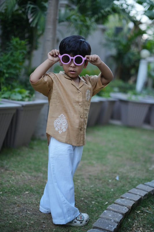 Desert Sand hand blocked Shirt with white trouser set for Boys
