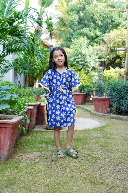 Dark blue daisy ruffled kaftan Dress For Girls