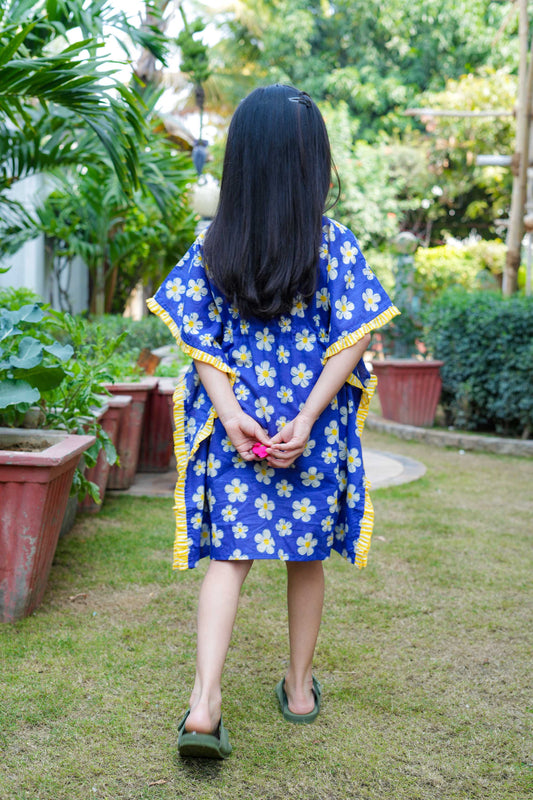 Dark blue daisy ruffled kaftan Dress For Girls