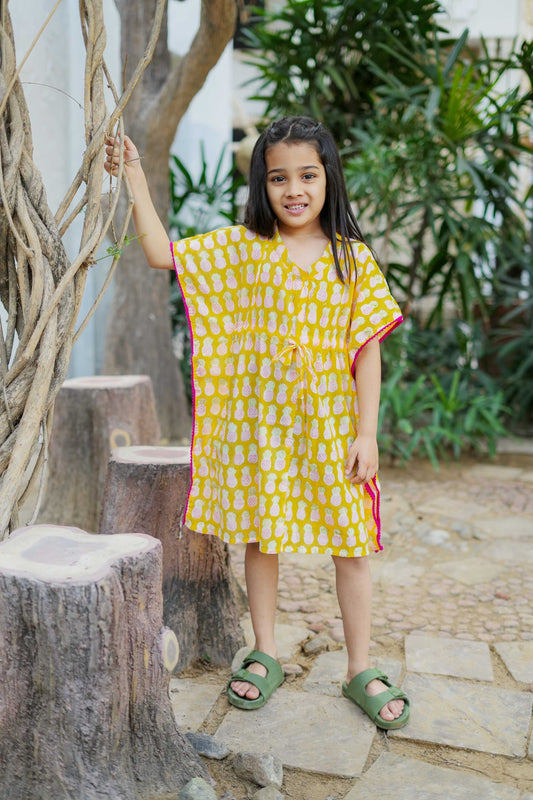 Yellow Pineapple Kaftan Dress for Girls