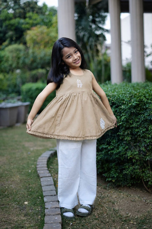Dessert Sand hand blocked top with white trouser set for Girls