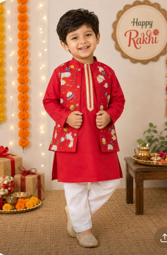 Chhotu Cosmos Red Kurta Jacket Set for Boys