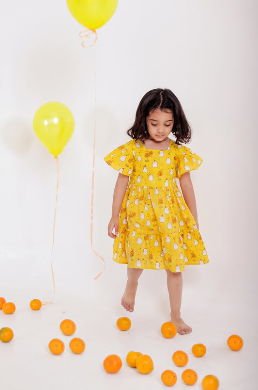 Whimsical Ghost Print Yellow Summer Dress for Girls | Lightweight Cotton Kids Apparel.