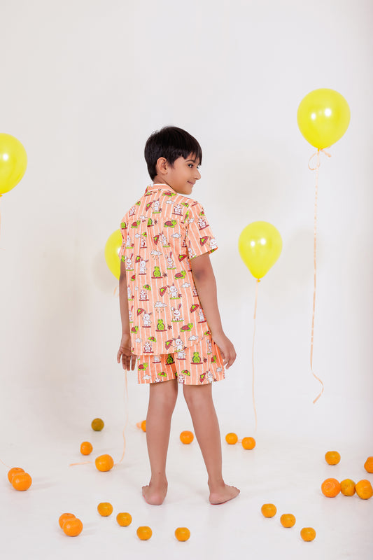 Rabbit and Turtle Peach Co-ord Set for Boys | Handblock Printed Boys Outfits.