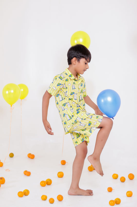 Rabbit and Turtle Yellow Co-ord Set for Boys | Handblock Printed Boys Outfits.