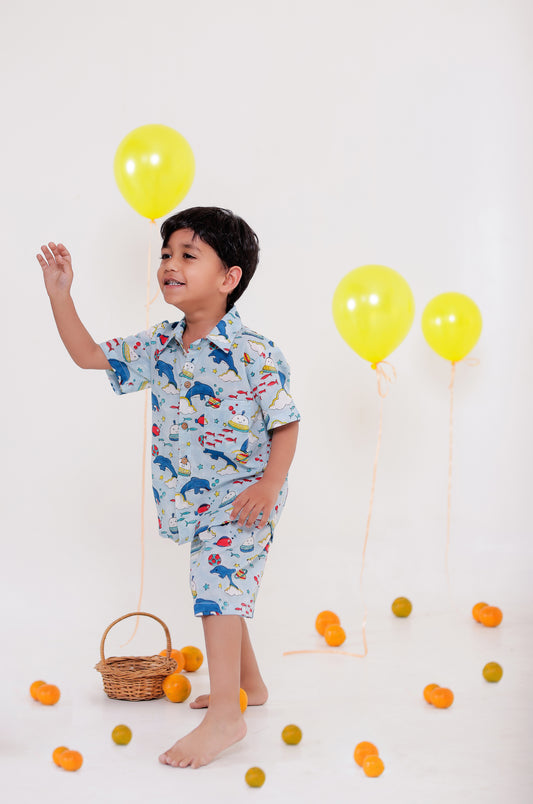 Playful Fish Print Blue Co-ord Sets for Kids | Handblock Printed Children's Outfits