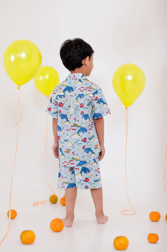 Playful Fish Print Blue Co-ord Sets for Kids | Handblock Printed Children's Outfits