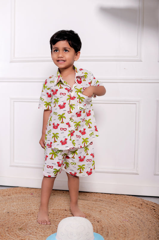 Little Paradise Print White Co-ord Set for Boys | Handblock Printed Outfits.