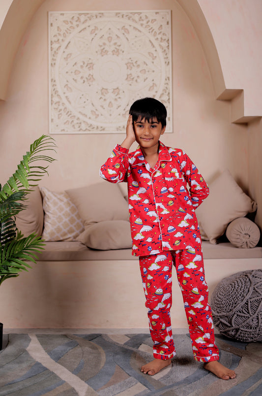 Playful Fish Print Red Nightsuit Sets | Premium Unisex Matching Sleepwear.