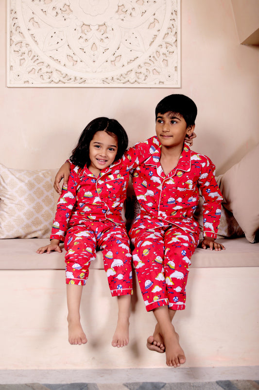 Playful Fish Print Red Nightsuit Sets | Premium Unisex Matching Sleepwear.