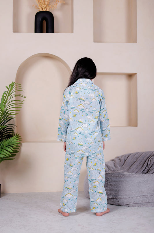 Playful Fish Print Blue Nightsuit Sets | Premium Unisex Matching Sleepwear.