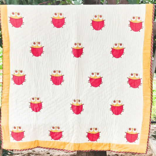 Lady Bug  Hand block printed cotton Baby Quilt 40X60 Size