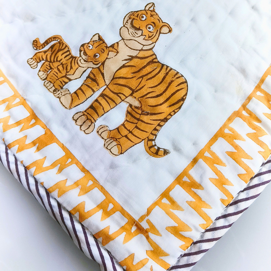 Tiger Hand block printed cotton Baby Quilt  | Jaipur razai  | size 40"X60"