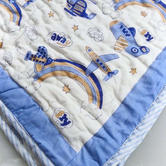 Aeroplane Hand block printed cotton Baby Quilt  | Jaipur razai  | size 40"X60"