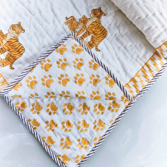 Tiger Hand block printed cotton Baby Quilt  | Jaipur razai  | size 40"X60"