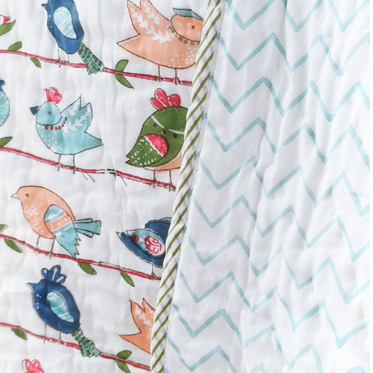 Bird Hand block printed cotton Baby Quilt  | Jaipur razai  | size 40"X60"