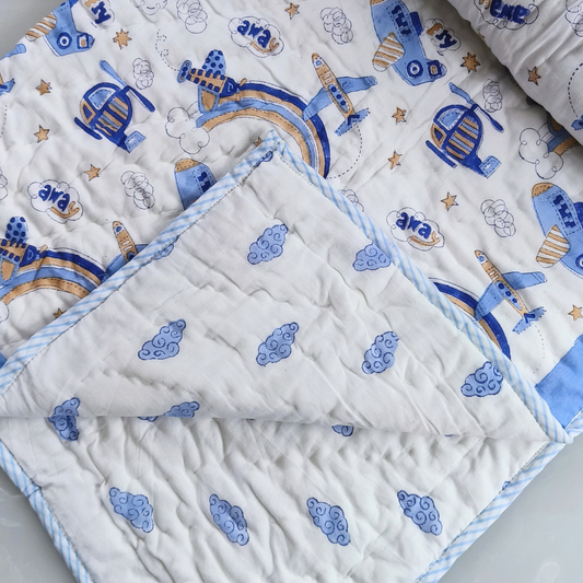 Aeroplane Hand block printed cotton Baby Quilt  | Jaipur razai  | size 40"X60"