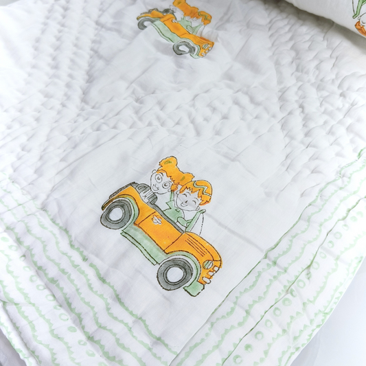 Car Hand block printed cotton Baby Quilt  | Jaipur razai  | size 40"X60"