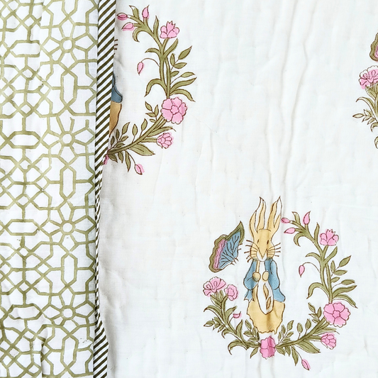 Rabbit Hand block printed cotton Baby Quilt  | Jaipur razai  | size 40"X60"