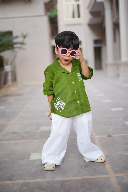 Emerald Breeze Cotton Shirt With White Trouser Set