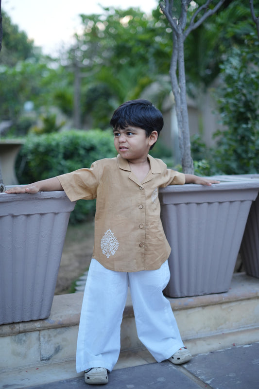 Desert Sand hand blocked Shirt with white trouser set for  Boys