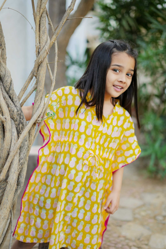 Yellow Pineapple Kaftan Dress for Girls