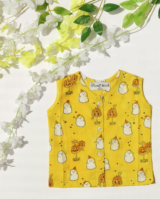 Ghost Print - Yellow Jabla | Baby new born block printed cotton shirt