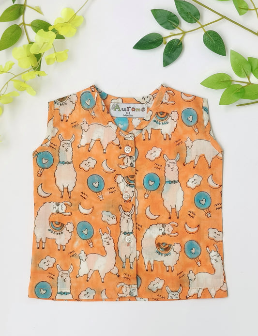 No Drama Llama- Orange Jabla | block printed cotton new born shirts