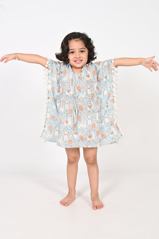 No Drama Llama- Blue Kaftans for Girls | Block printed cotton casual dress for girls