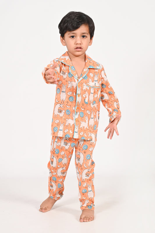 No Drama Llama- Unisex Orange Night Suit Set | sleepwear for kids | cute cotton sets for the siblings | block printed cotton sleepwear for kidswear