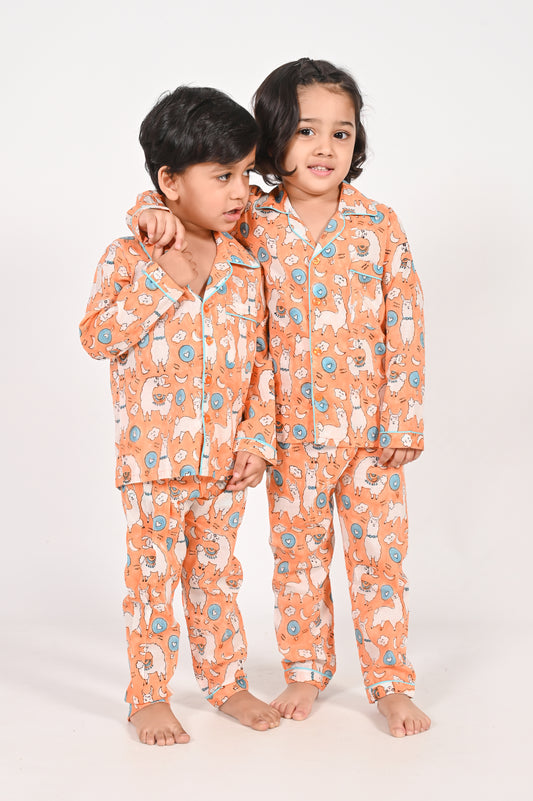 No Drama Llama- Unisex Orange Night Suit Set | sleepwear for kids | cute cotton sets for the siblings | block printed cotton sleepwear for kidswear