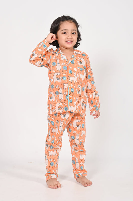 No Drama Llama- Unisex Orange Night Suit Set | block printed cotton sleepwear