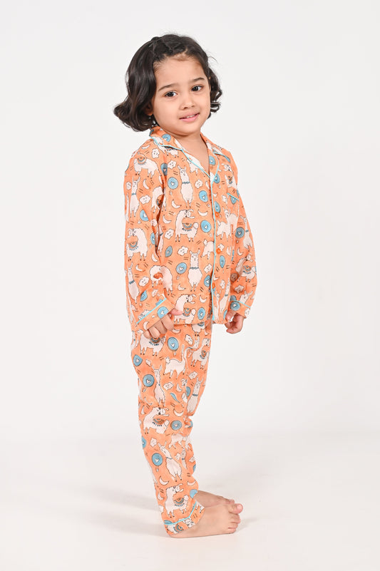 No Drama Llama- Unisex Orange Night Suit Set | block printed cotton sleepwear