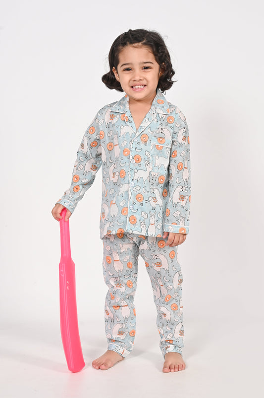 No Drama Llama- Unisex Blue Night Suit Set | block printed cotton sleepwear for kids