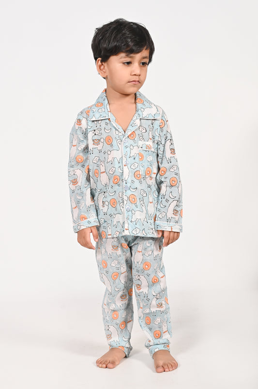 No Drama Llama- Unisex Blue Night Suit Set | Cotton block printed kids sleepwear