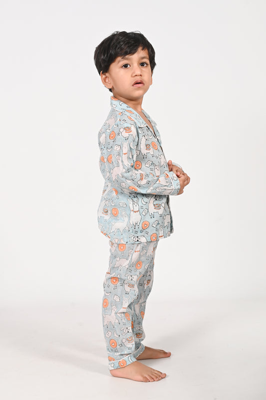 No Drama Llama- Unisex Blue Night Suit Set | Cotton block printed kids sleepwear