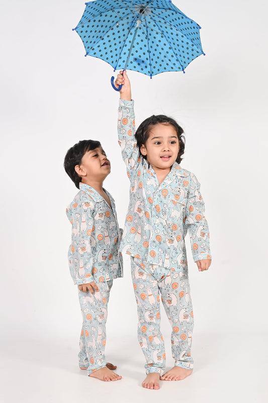 No Drama Llama- Unisex Blue Night Suit Set | block printed cotton sleepwear for kids