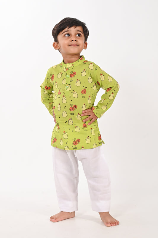 Ghost Print- Unisex Green Kurta | Hand Block Printed Shirt for Boys and Girls