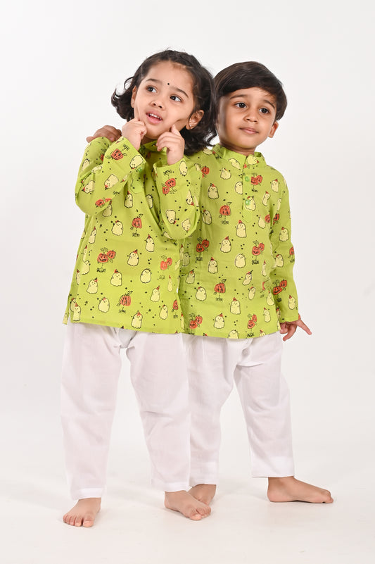 Ghost Print- Unisex Green Kurta | Hand Block Printed Shirt for Boys and Girls