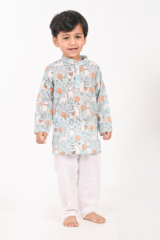 No Drama Llama- gender neutral hand blocked Blue Kurta | casual boys and girls shirts